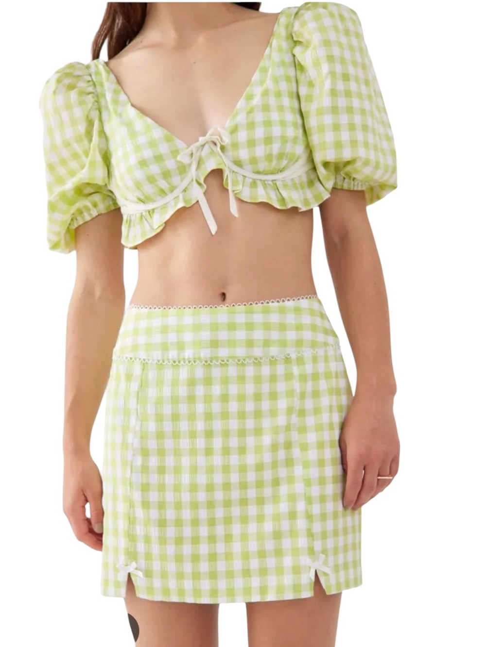 For Love & Lemons Gingham Lime High Waist Skirt Set